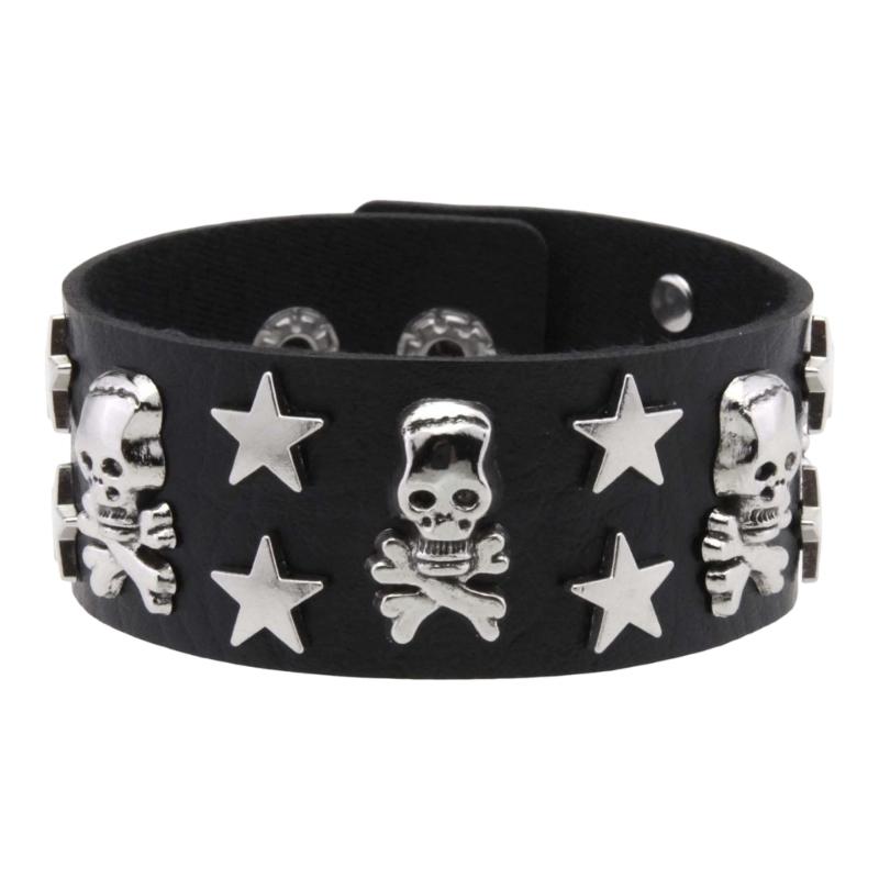 Wide Skull Star Wristband with Adjustable Snap Closure, Punk Statement Bracelet for Parties, Concert Looks, and Streetwear