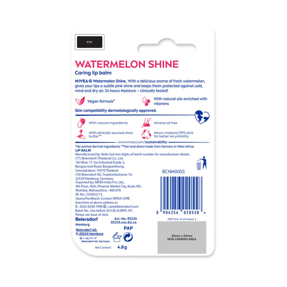 NIVEA Watermelon Shine Lip Balm 4.8g Pack Of 1 For Soft Glossy Lips With Natural Oils Long Lasting Moisture Care