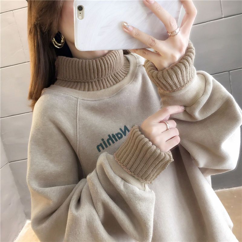 Sweatshirt for Women Padded Thickened Sweatshirt High Neck Loose Fake Two Piece Fleece Casual Pullover Long Sleeve Top Sweatshirt