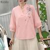 Women Casual V-Neck 3/4 Sleeve Loose Flora Print Blouse