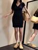 Women's Elegant Korean-Style Bodycon Dress - Dark Blue Floral, Short-Sleeve, Crew Neck, Long Skirt