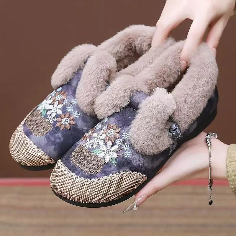 

Модные женские зимние новые низкие кеды с вышивкой из хлопка, круглый носок, слипоны на плоской подошве, плюшевые теплые этнического стиля, хлопковые туфли для пожилых 41 синий
