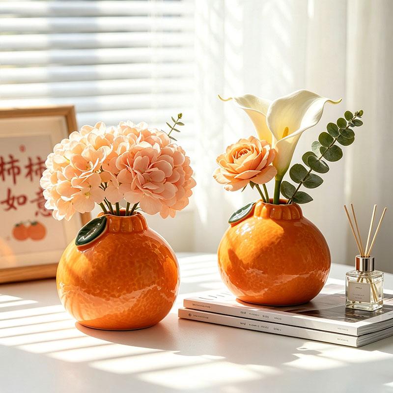 Cute Orange Shaped Ceramic Bud Vase, Small Fruit Flower Vase for Hydroponic Plants, Creative Home & Office Desktop Decor