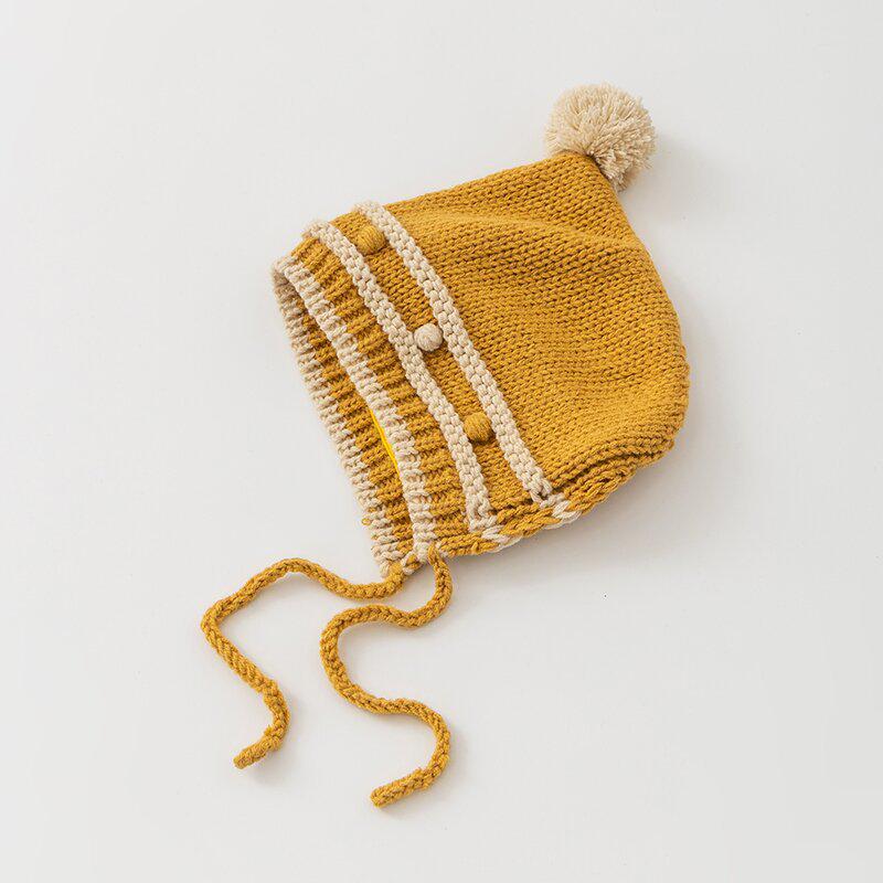Koreanischer Winter-Streifen-Kinderhut mit Ohrenschutz & Bommel – Gestrickte Woll-Baby-Pullovermütze für Mädchen