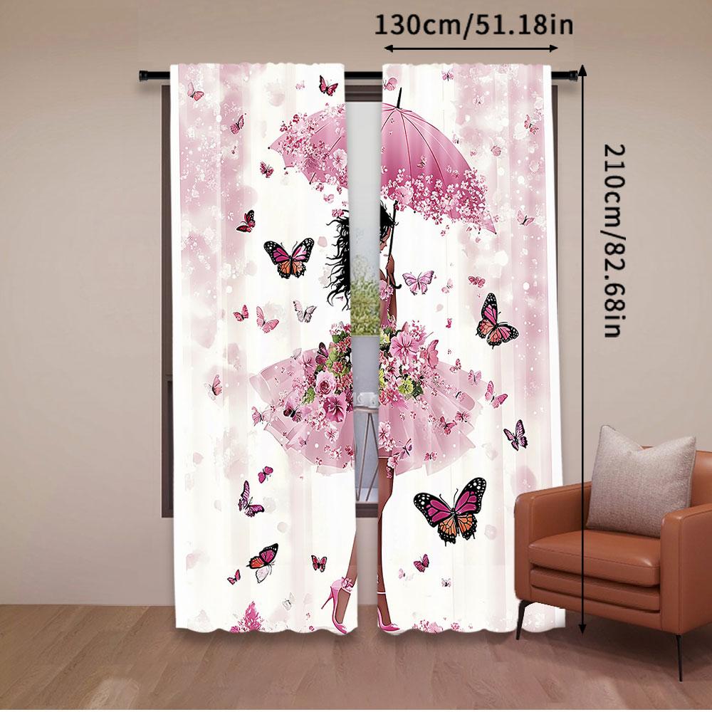 2Pcs Feminine Curtain With Floral Umbrella And Dress Walking With Butterflies For Bedroom Living Room And Dining Room
