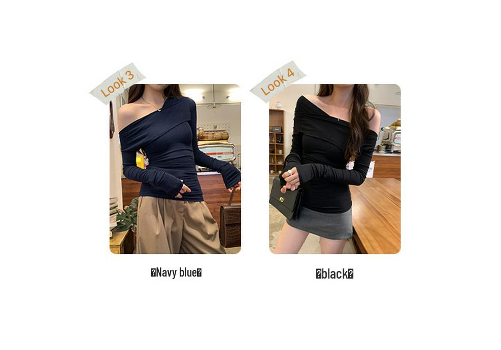 2026 Autumn Off-Shoulder Long-Sleeve Korean Style T-shirt for Women - Simple and Elegant