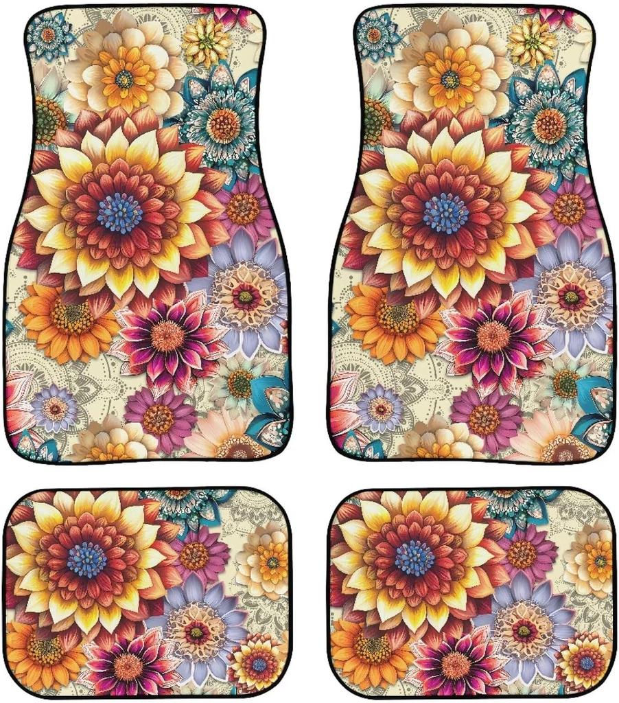 Universal Fit Auto Carpet Floor Mats Set of 4 for Women Girls Decorative Boho Floral Print Car Floor Mats Front & Rear Liners Set