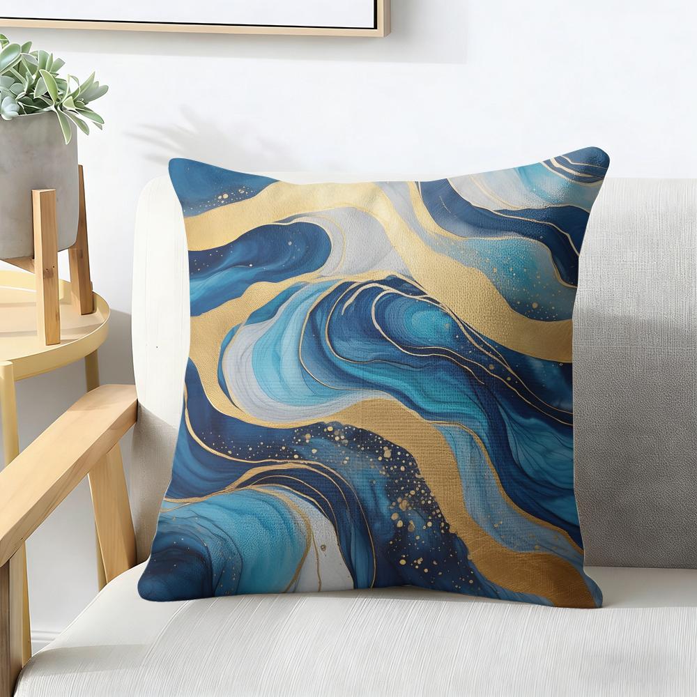Blue Gold Wave-Shaped Pattern Cushion Cover Natural Linen Organic Fabric Double-Sided Printing Breathable Perfect For Home Decor