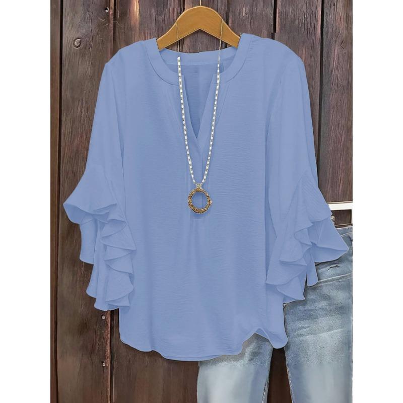 Fashion V-neck Loose Women Blouse Casual Plus Size Ruffled Seven Quarter Sleeve Shirt Spring Autumn Solid Color Sweet Simple Sweet Women's Clothing
