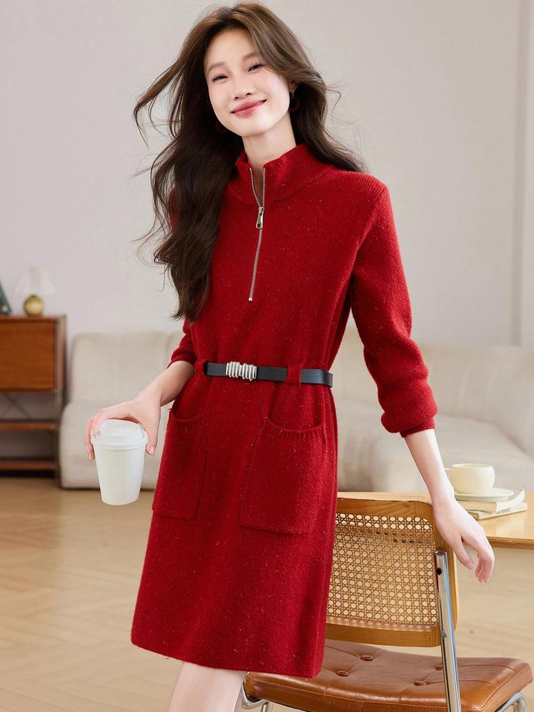 Korean Style Red Knit Zipper Dress for Women - Autumn/Winter 2025
