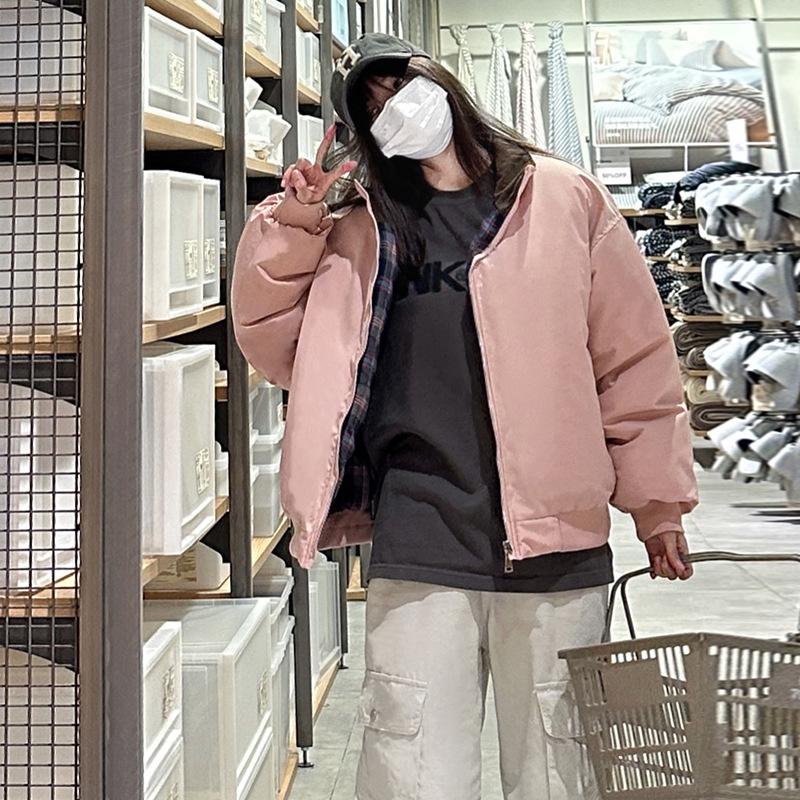 

Women s Reversible Corduroy Collar Jacket Plaid Lining S розовый