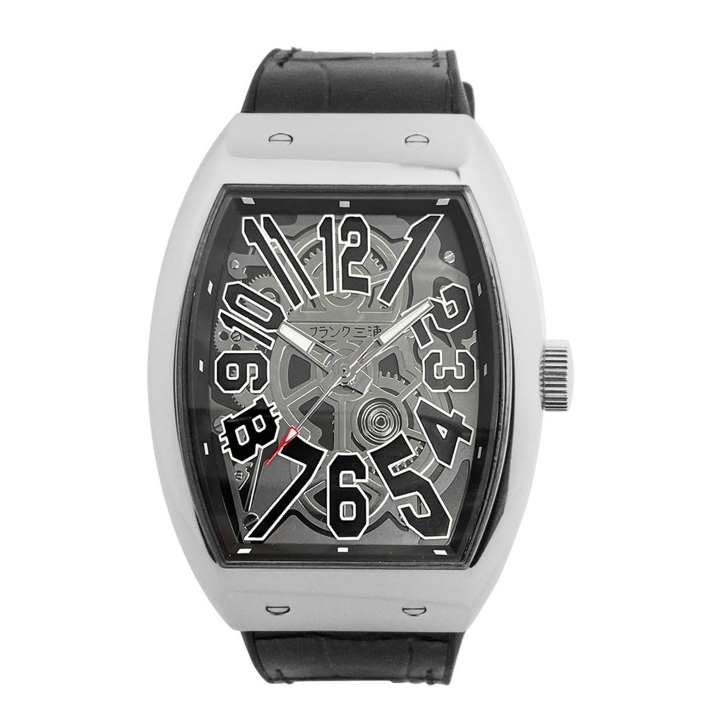 frank miura Herrenuhr, dreilagiges Kunstmodell, bunte Skelett-Tonneau-Form Uhr FM13K (FM13K-SVBK Schwarz)