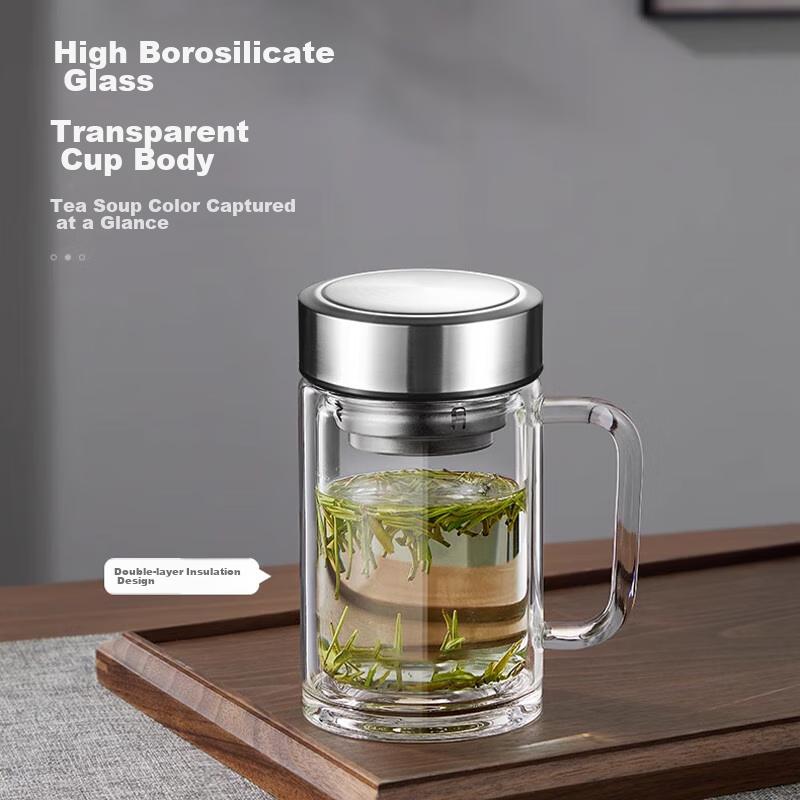 GIANXI Glass Cup, Double-Layer High Borosilicate, Summer Cup with Handle, Heat-Resistant Tea Cup, Water Mug, Gift