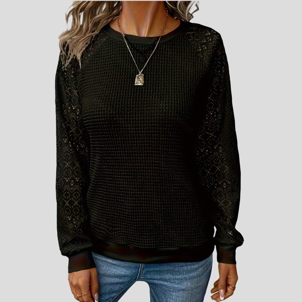 Damen Rundhals T-Shirt Spitze Langarm Ausgeschnitten Freizeit T-Shirt Top