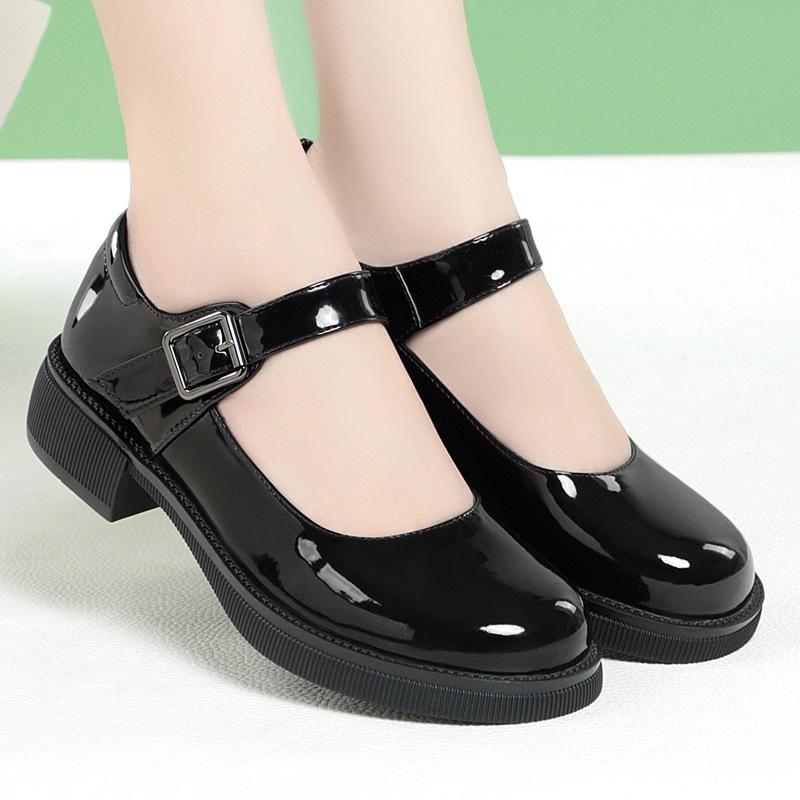 

3.5cm Breathable Shallow Mouth Bright Leather Shoes Women Mary Janes 2025 Fall Med Square Heels Sheos Black for Office Mom 35