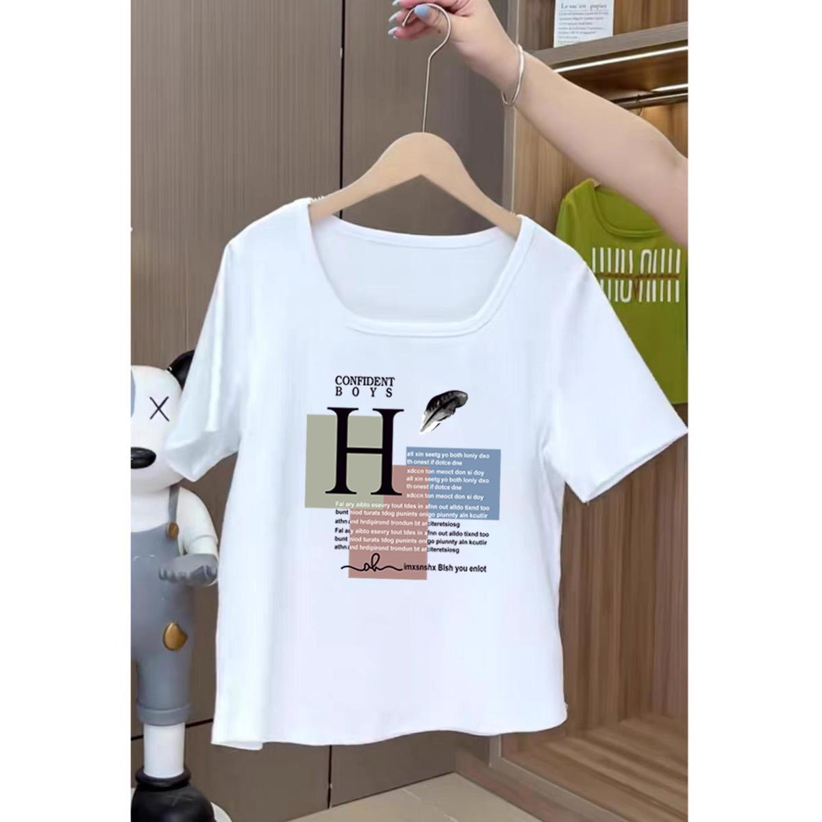 

High-end big-name genuine leak-picking square collar short-sleeved T-shirt women s summer fashion foreign style age-reducing inner bottom top tide M [80-60kg]
