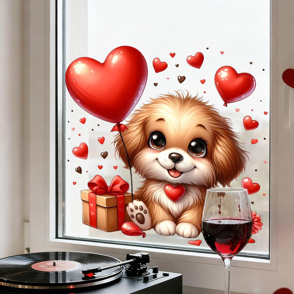 Dog Holding Flowers and Hearts Static Cling Window Stickers No Glue Needed for Bedroom Living Room Balcony Removable Reusable