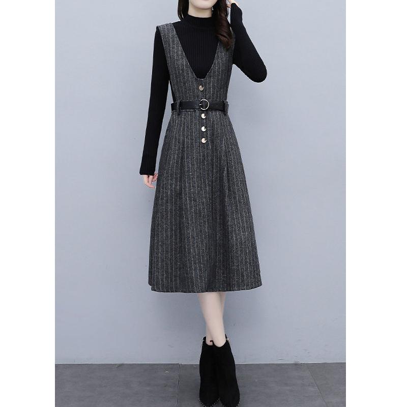 Autumn Winter Vintage Stripe Printing V-neck Tank Dress Black Bottoming Top Suit Female Casual Fashion Pullover T-shirt Robe Set