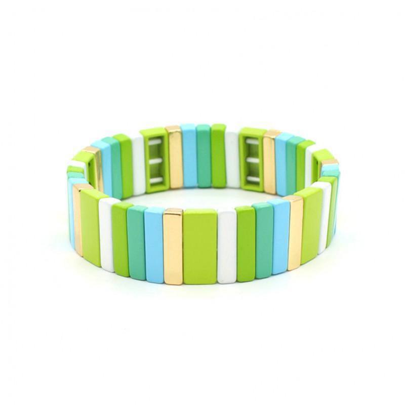 Geometric Enamel Bracelet With Rainbow Color Blocks Multi-Layer Stackable Boho Jewelry Travel Vacation Accessory