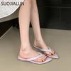 Fashion SUOJIALUN 2025 Summer New Women Slipper Fashion Pointed Toe Slip On Flip Flop Shoes Low Wedge Heel Outdoor Vacation Slides Shoes