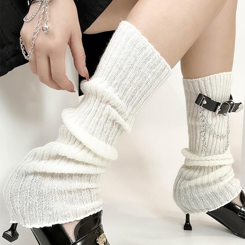 Ribbed Knitted Boot Toppers Covers with Heart Chain Leather Belt Harajuku Gothic Punk Leg Warmers Scrunch Long Socks