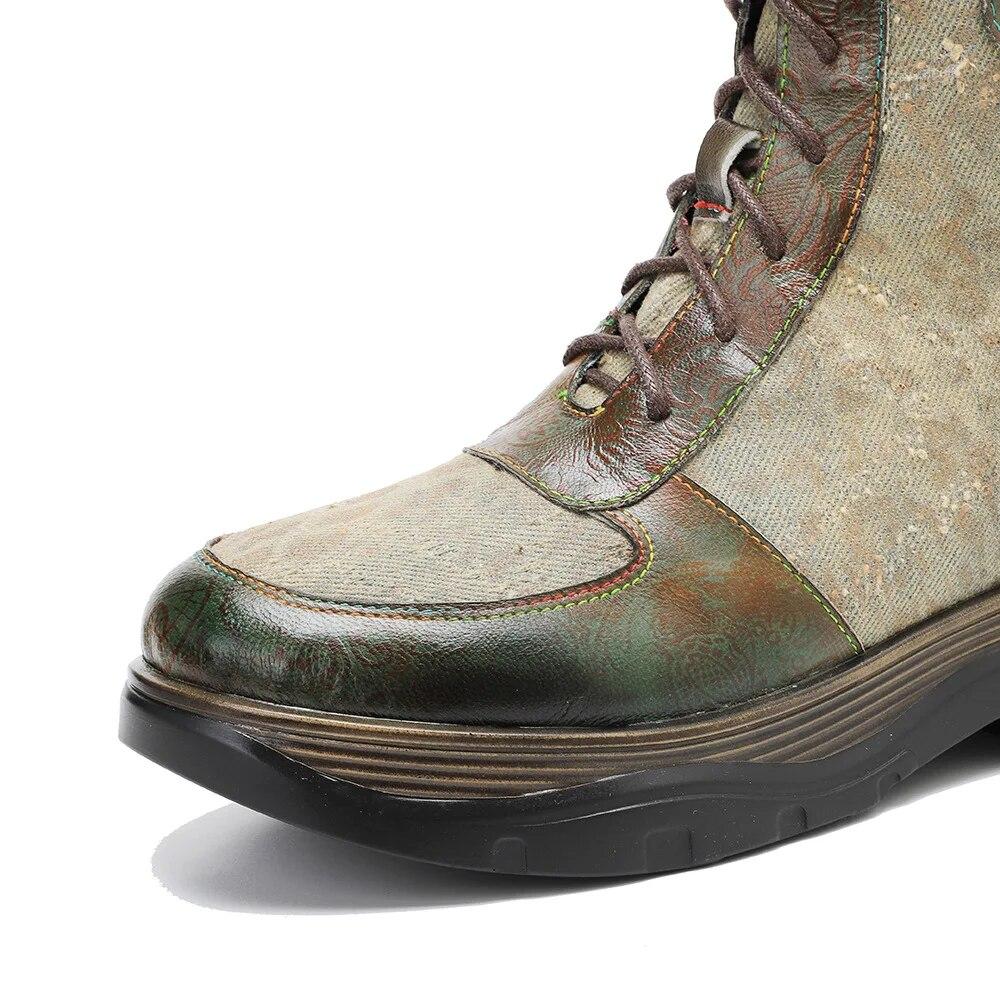Johnature Genuine Leather Spliced Printed Fabric Women's Boots Vintage Lacing Comfortable Versatile Short Boots