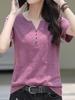 Women's 2024 Summer Plus-Size Retro V-Neck Short-Sleeve T-Shirt - Solid Color, Simple, Versatile, and Trendy.