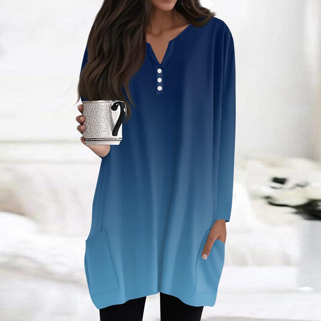 Womens Tops V-neck Button Long Sleeve Blouses Casual Mid-length Shirts Fashion Print Tunic Tops With Pockets