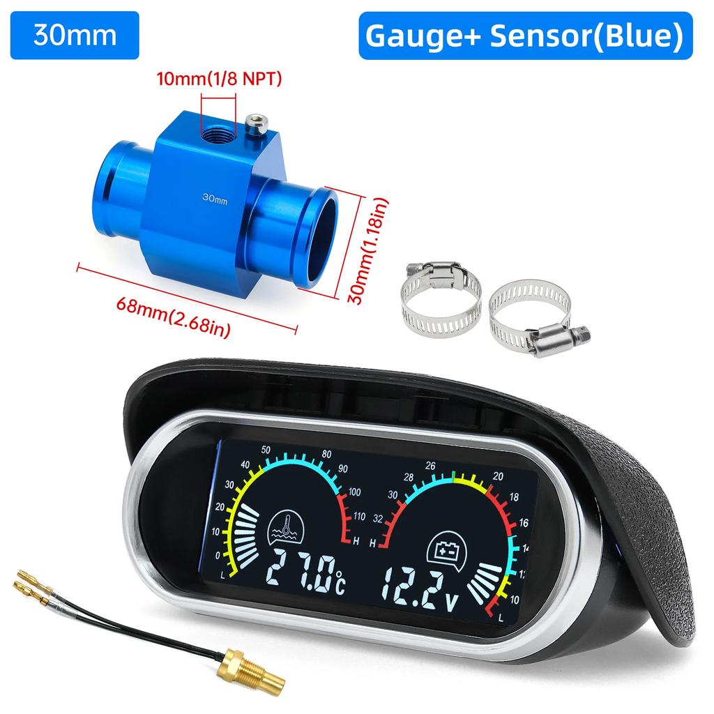 AD 2 in 1 Digitaler Wassertemperaturmesser Voltmeter 12V24V Spannungs-Temperatur-Sensor Kopfstecker Verbindungsschlauch Sensor Kühlerschlauchadapter