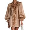 Champagne glossy yarn ruffle edge bubble sleeve skirt, deep light luxury atmosphere dating dress