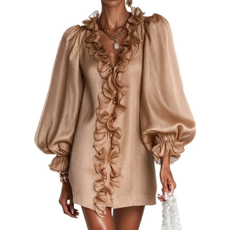 Champagne glossy yarn ruffle edge bubble sleeve skirt, deep light luxury atmosphere dating dress