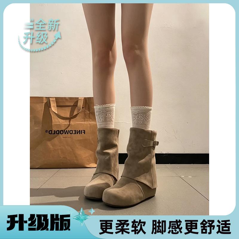 Inner height increase~ suede brown thick-soled belt buckle short boots women's summer small pleated trousers Birkenstock boots