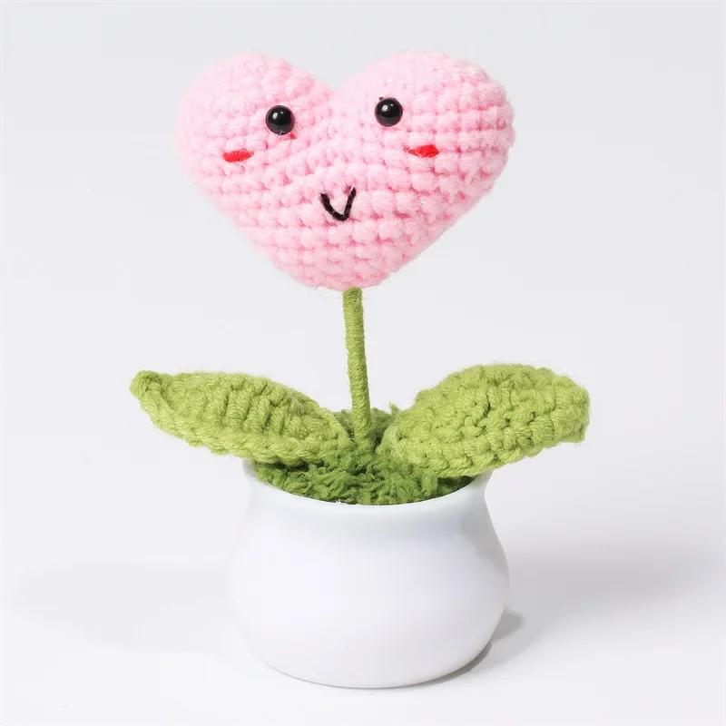 Heart Shape Knitted Flowers Potted Colourful Crochet Plant Wedding Gift Creative Artificial Flower Car Desktable Decor