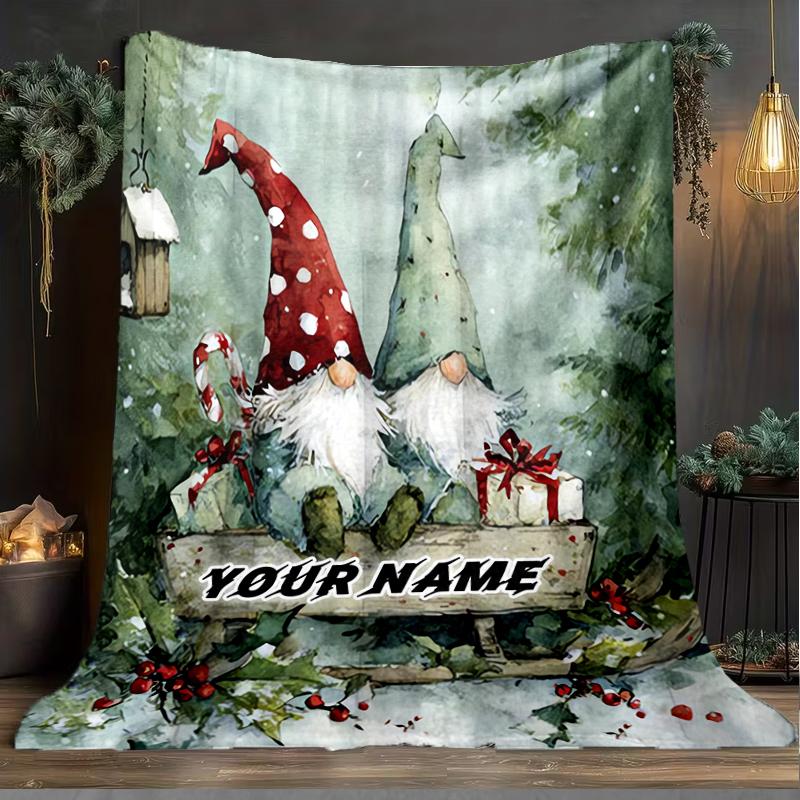 1PC Custom Name Winter Gnome Sleigh Ride Outdooor Flannel Blankets Throw Blanket All-Season Throw Gift Bedspread for Couch, Bed, Camping Holiday Birth
