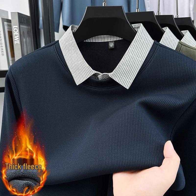 High-End Men's Faux Two-Piece Plus Velvet Sweater - Casual Business Layer