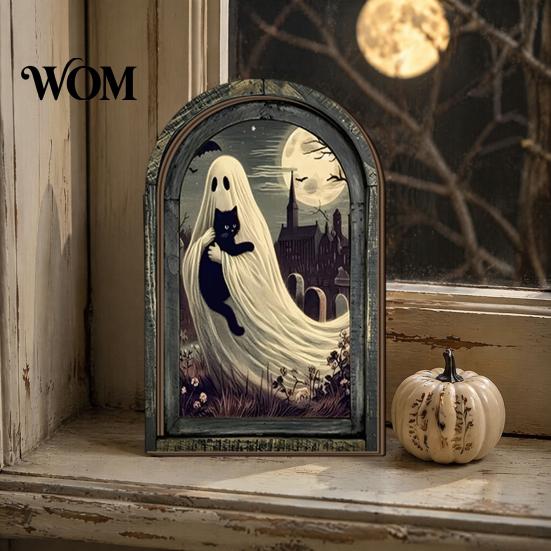Rustic Wood Halloween Sign Arched Wooden Wall Decor, Ghost Cat Hanging Ornament, Distressed Gothic Waterproof Art Tabletop Decor Plaque, Spooky