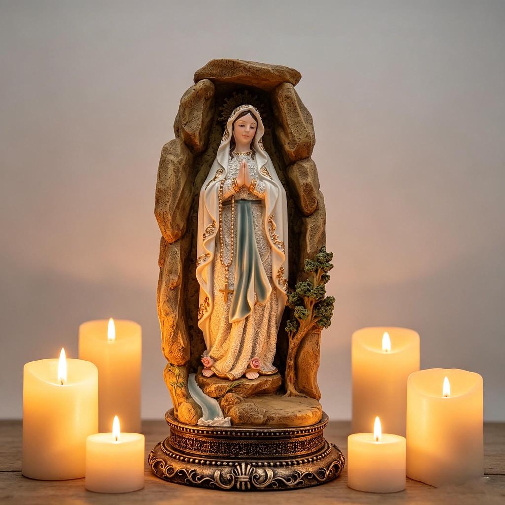 Unsere Liebe Frau von Lourdes Statue mit Grotte Handbemalt Katholische Jungfrau Maria Harzfigur für Gebet & Dekoration 12 Zoll
