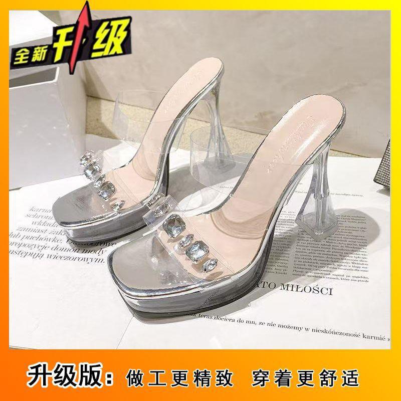 2025 new beautiful crystal thick heel transparent rhinestone cool slippers versatile super high heel women's shoes waterproof table sandals women