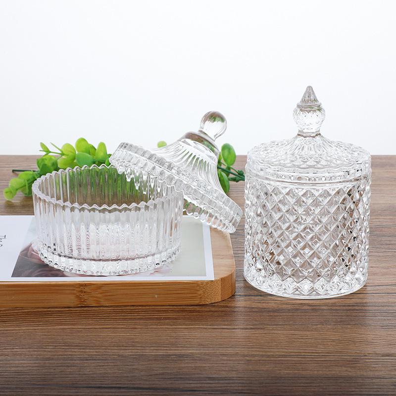 Clear Crystal Embossed Glass Yurt Candle Holder & Candy Jar with Lid