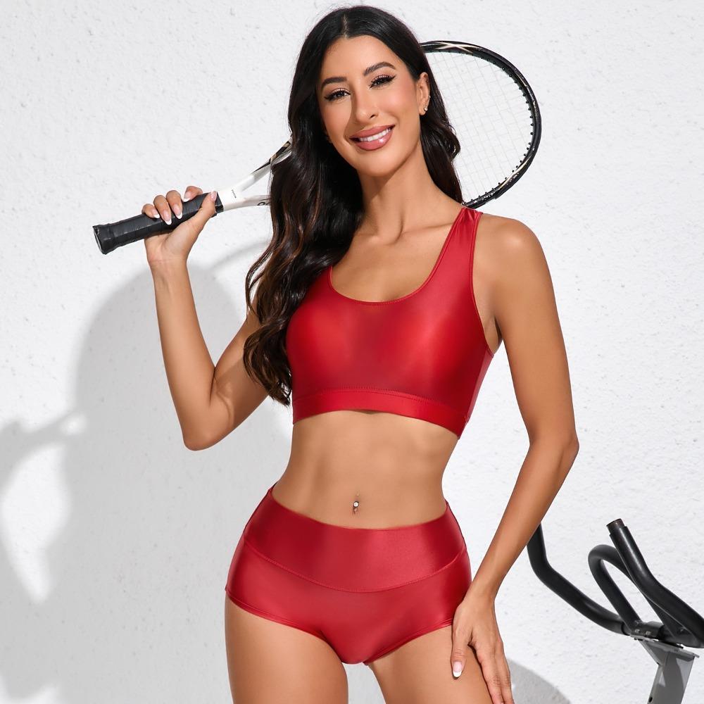 Damen Hohe Taille Glänzender Ölstoff 2-teiliges Trainingsset Crop Tanktop Skinny Pfirsich Po Yoga-Shorts Hohe Elastizität Fitness Laufen Sport Outfit