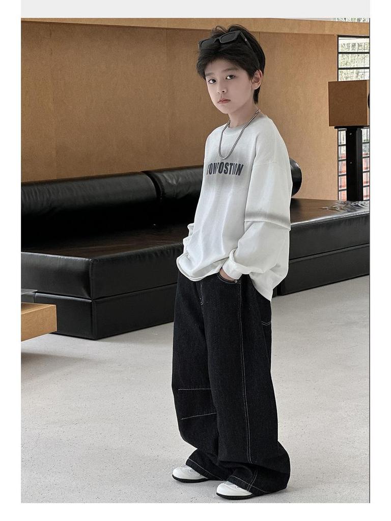 2025 Autumn Boys' American Trend Raw Denim Slimming Jeans - Loose, Straight Leg Pants