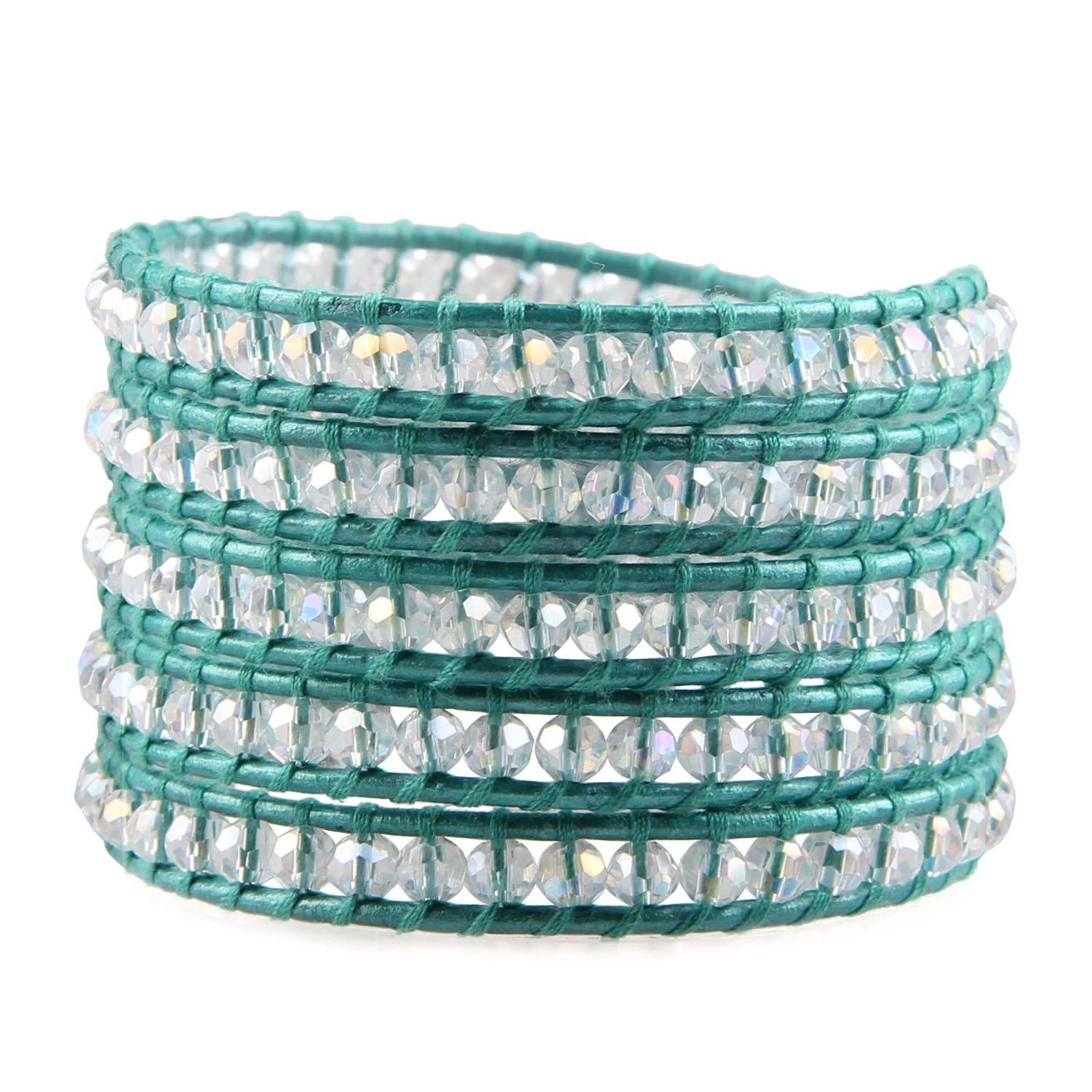 [KELITCH] Crystal Bead Charm 5-Wrap Bracelet Handmade Woven Summer Jewelry (Green)