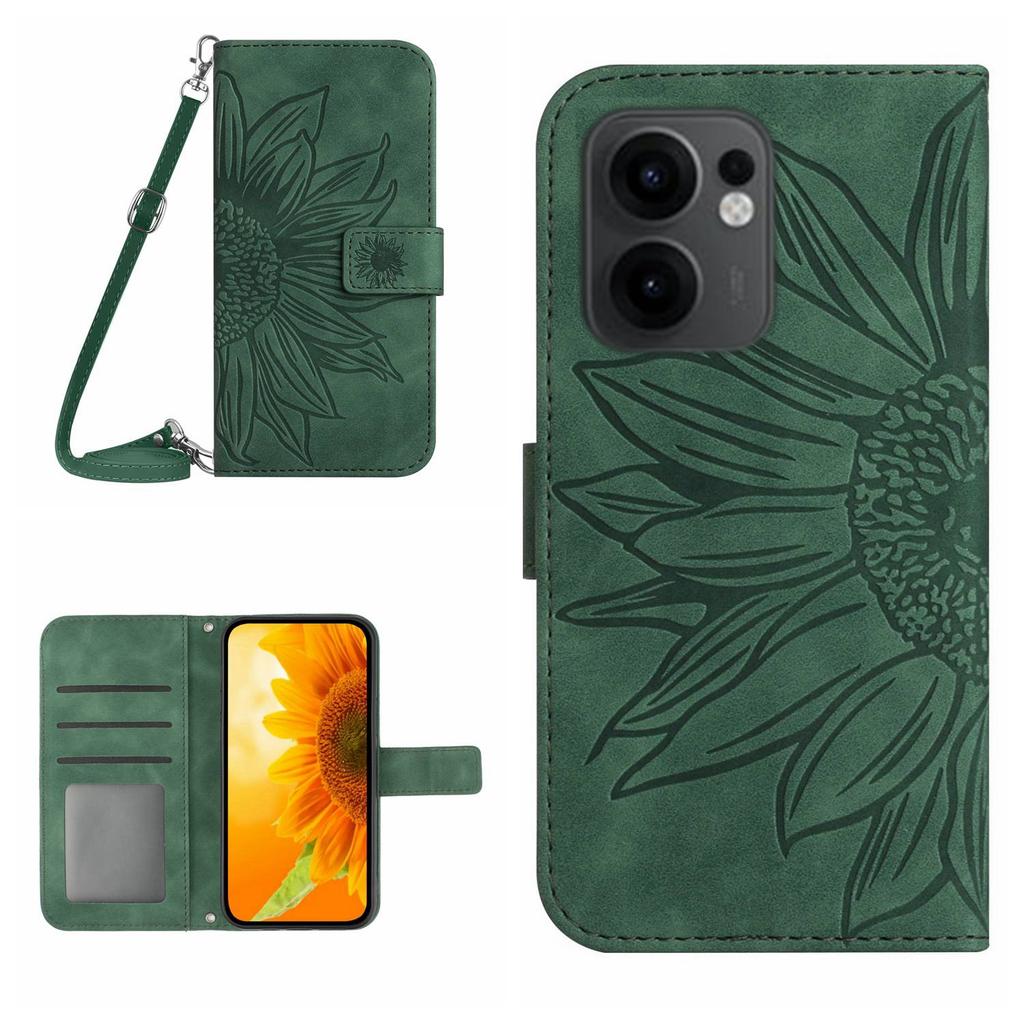 For Oppo Reno13 F 4G/5G Case Sunflower Imprint PU Leather Phone Cover with Long Strap
