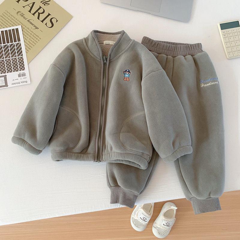 Boys Plus Velvet Thick Jacket Winter Children's Clothing Polar Fleece Children's Baby Warm Jacket Trousers Two-piece Suit