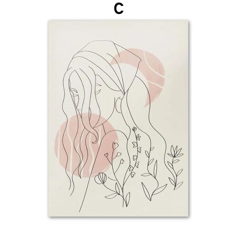 Boho Abstract Wall Art Canvas Painting Sun Moon Flower Line Girl Face Posters And Prints Wall Mural Pictures Living Room Decor