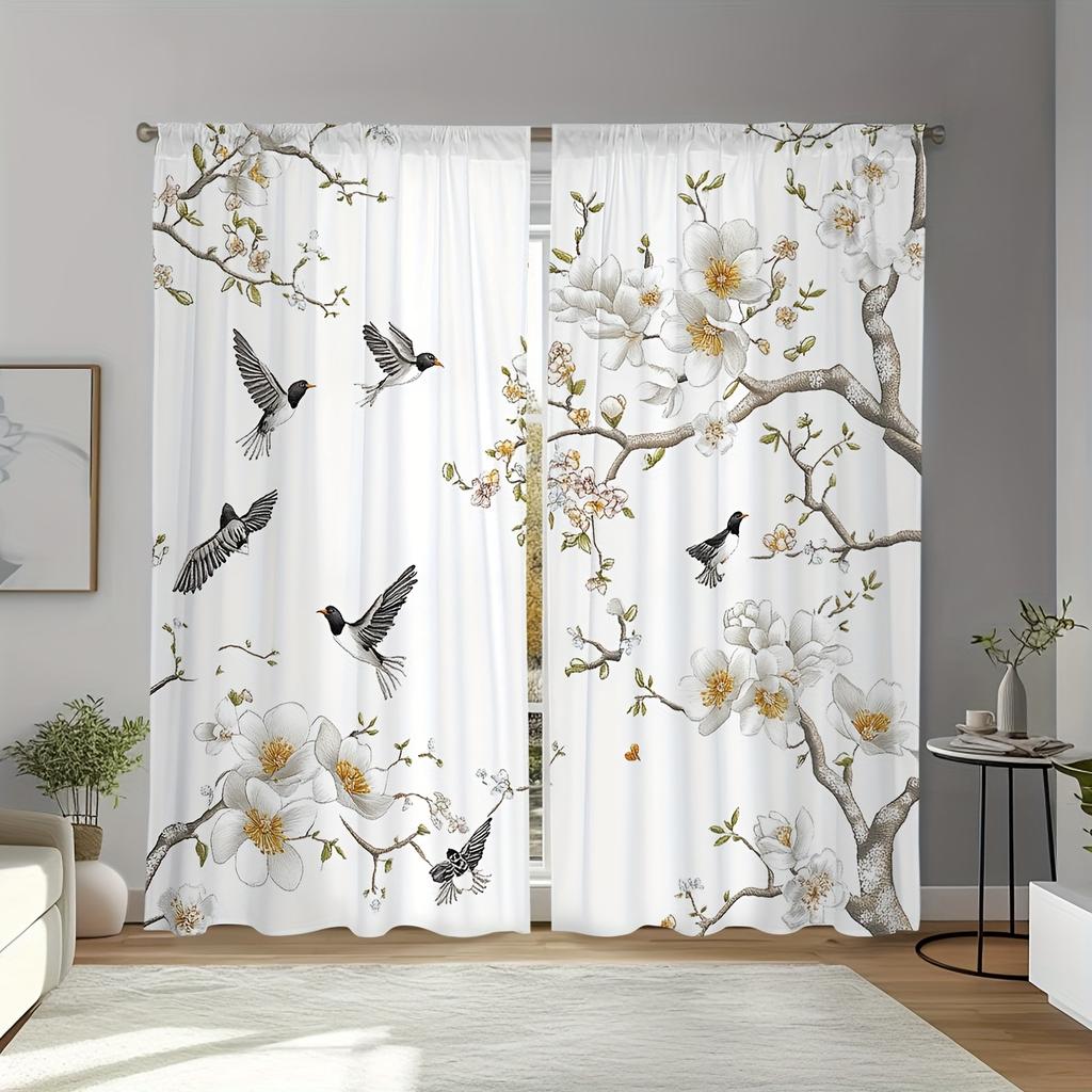 2-piece Floral and Bird Print Curtains, Polyester Fabric, Machine Washable, Suitable for Living Room, Bedroom