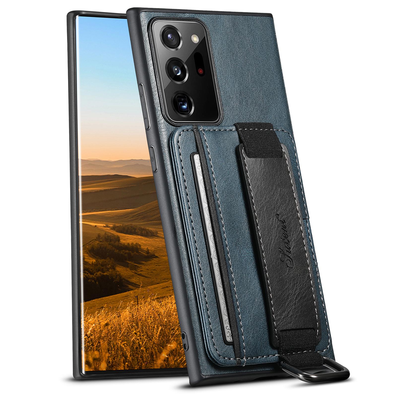 

SUTENI H13 For Samsung Galaxy Note20 Ultra/Note20 Ultra 5G Card Holder Case Leather Coated PC+TPU Phone Cover with Kickstand and Hand Strap Blue