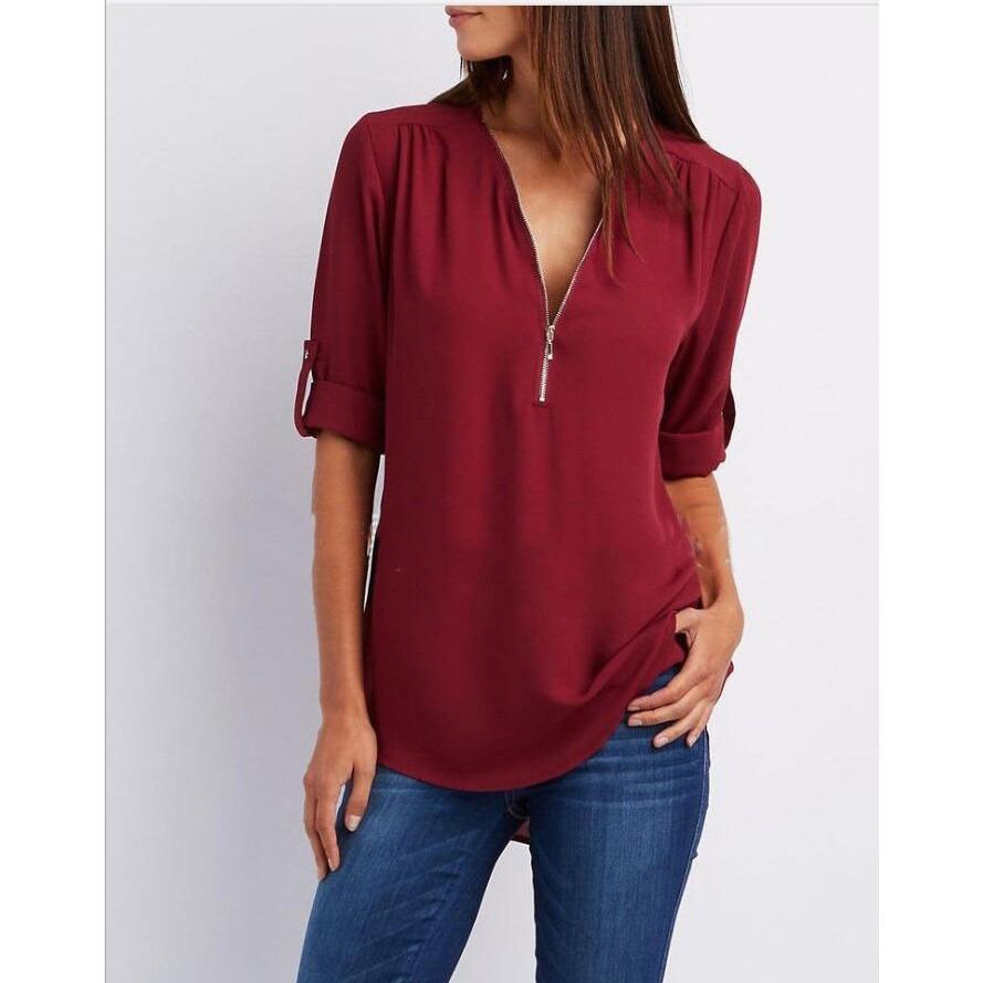 Damenmode Pullover V-Ausschnitt Einfarbig Reißverschluss Temperament Satin Langarm Freizeitshirt