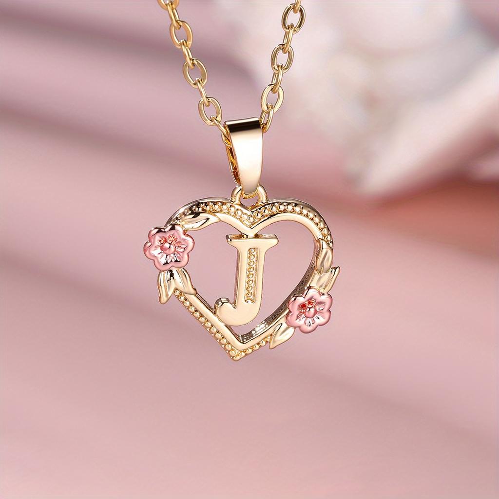 1 Pc Golden Color 26 English Letter Heart Necklace Rose Flower Pendant Wedding Band Jewelry Valentine's Day Gift