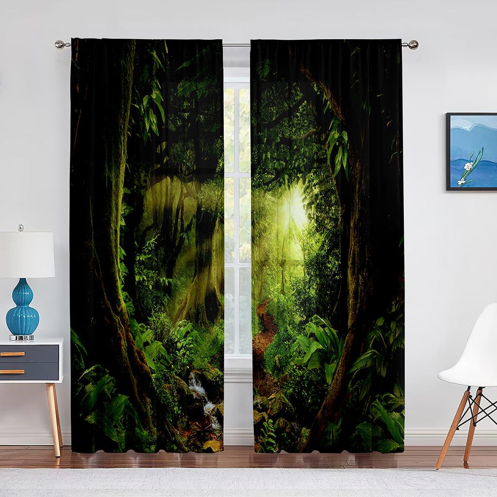 2panels Woodland Forest Foliage Sunbeams Nature View Curtains for Living Room Bedroom Kitchen Decor Sheer Curtains Window Drape